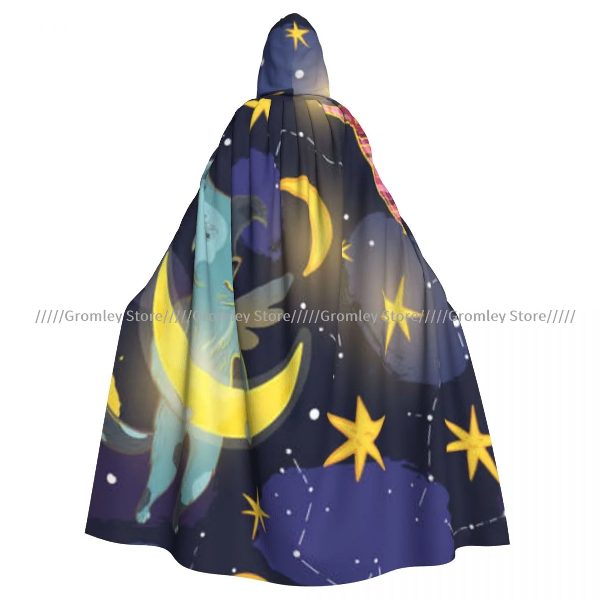 Medieval Halloween Cosplay Cloak Hooded Coat Fairy Dog Cat Moon Stars Constellations Cape Coat Long Trench Costume Wizard Cloak