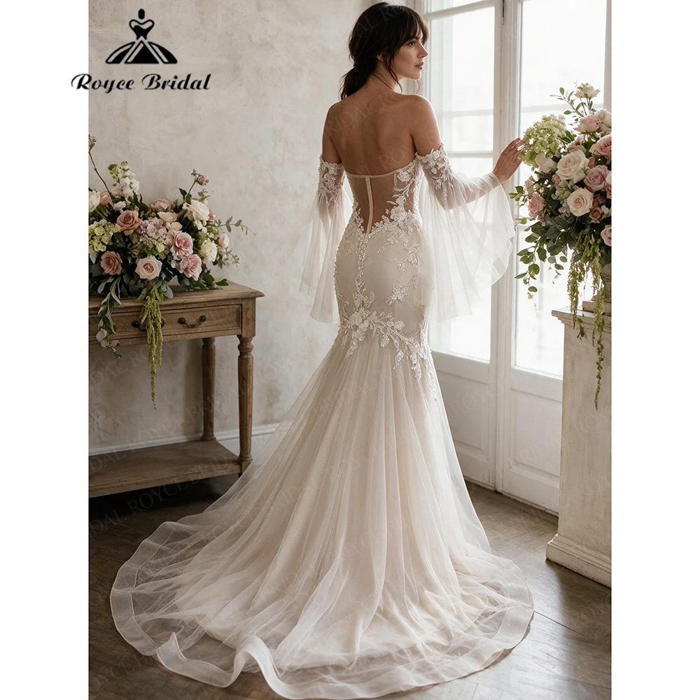 Roycebridal V Neck Boho Mermaid Wedding Dresses 2027 Appliques Cut Out Sexy Beach Bridal Gown Customized vestido de novia