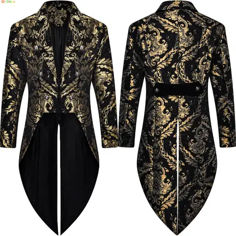 패션 웨딩 파티를 위한 고딕 Steampunk Tailcoat 재킷, 세련된 긴 실루엣의 꽃무늬 자카드 트렌치 코트