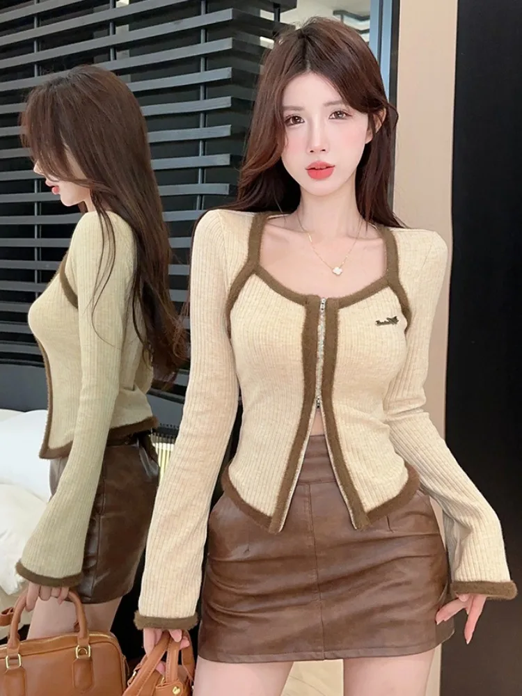 

Женский модный вязаный кардиган Pure Desire Sweet Spicy для осени и зимы, базовая кофта с пушистым квадратным воротником, внутренняя одежда
