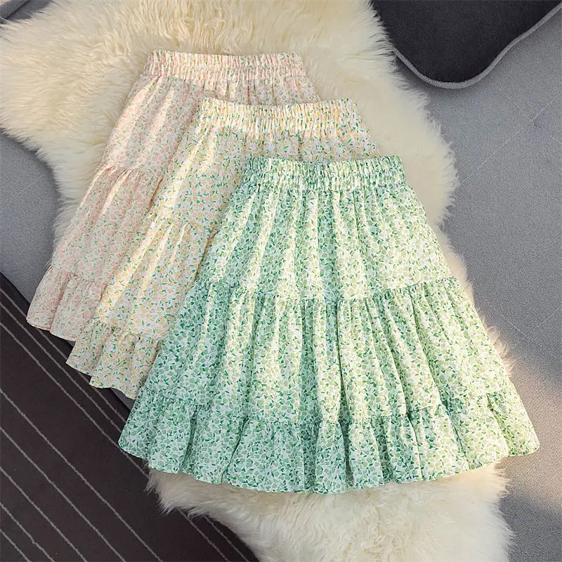 

Y2k Aesthetic Kawaii Cute Fashion Jupe Elastic High Waist Fragmented Flowers Chiffon Mini Skirt with Safety Shorts Slim Faldas