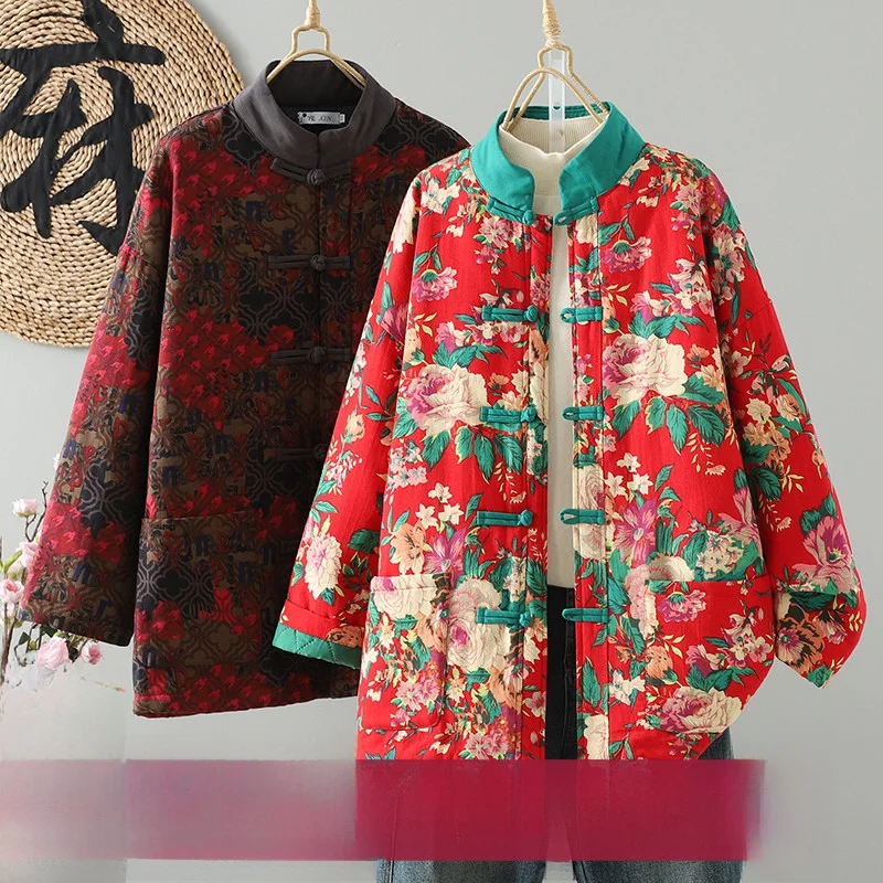 

Thiened Cotton Jaet with Button Closure Ethnic Sle Warm Loose Fit Chinese Sle Coat for Women Winter Outerwear