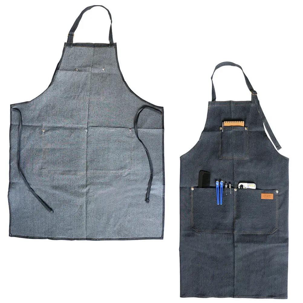 1Pcs 작업 앞치마 데님 퓨어 컬러 홀터넥 넥 슬리브리스 미용사 살롱 이발사 요리 원예 데님 앞치마