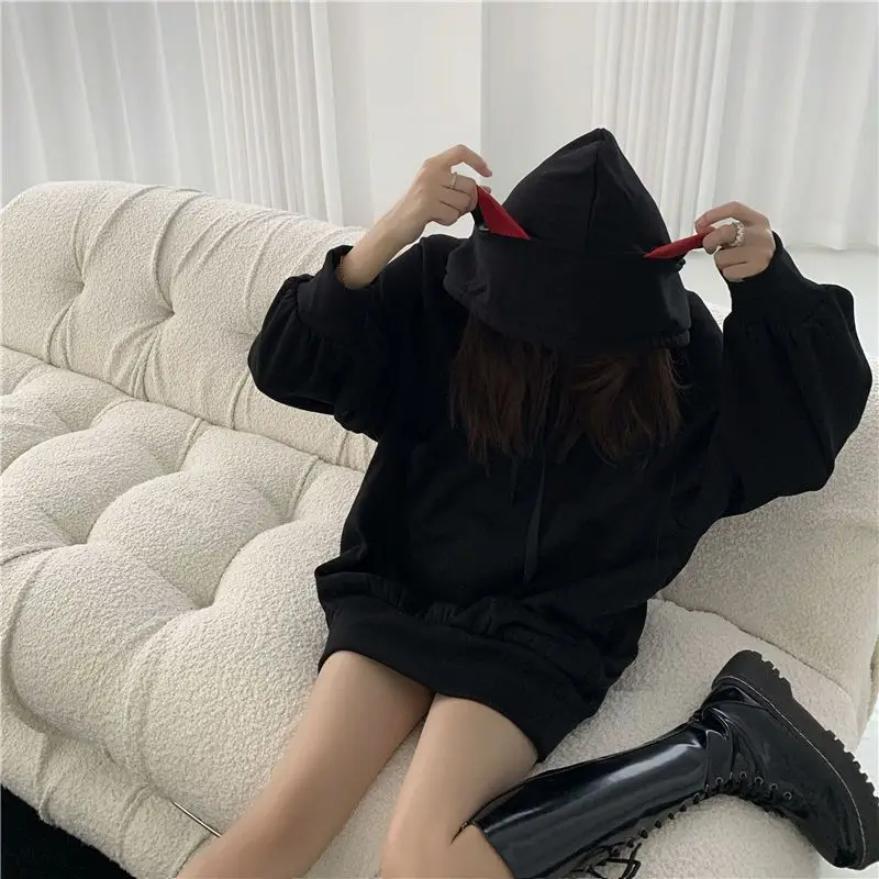 Hoodies Thick Black Hooded Sweatshirt for Women Cold Autumn and Winter Loose Long Baggy Warm Woman Tops on Promotion Y2k Vintage