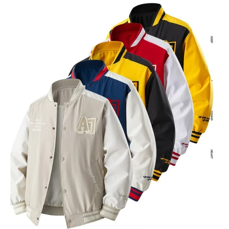 

New Men's Casual Varsity Bomber Jacket American Streetwear A7 Embroidered Baseball Jacket Men Color-Block Baseball Uniform Coat
