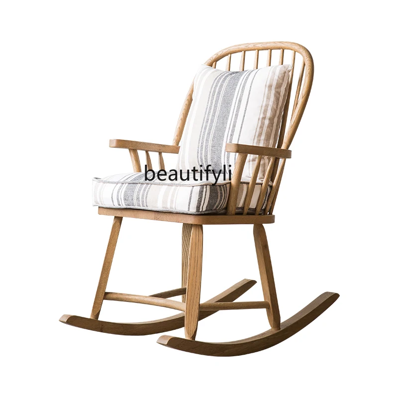 Nordic Retro Full Solid Oak Dining Chair American Distressed Rocking Chair Coffee Shop Peacock Chair Lazy Sofa Recliner