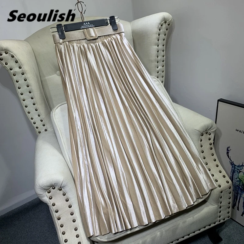 

Seoulish Autumn Winter Women's Velvet Pleated Skirts with Belted New 2023 High Waist Solid Korean Style Chic Long Skirts Female