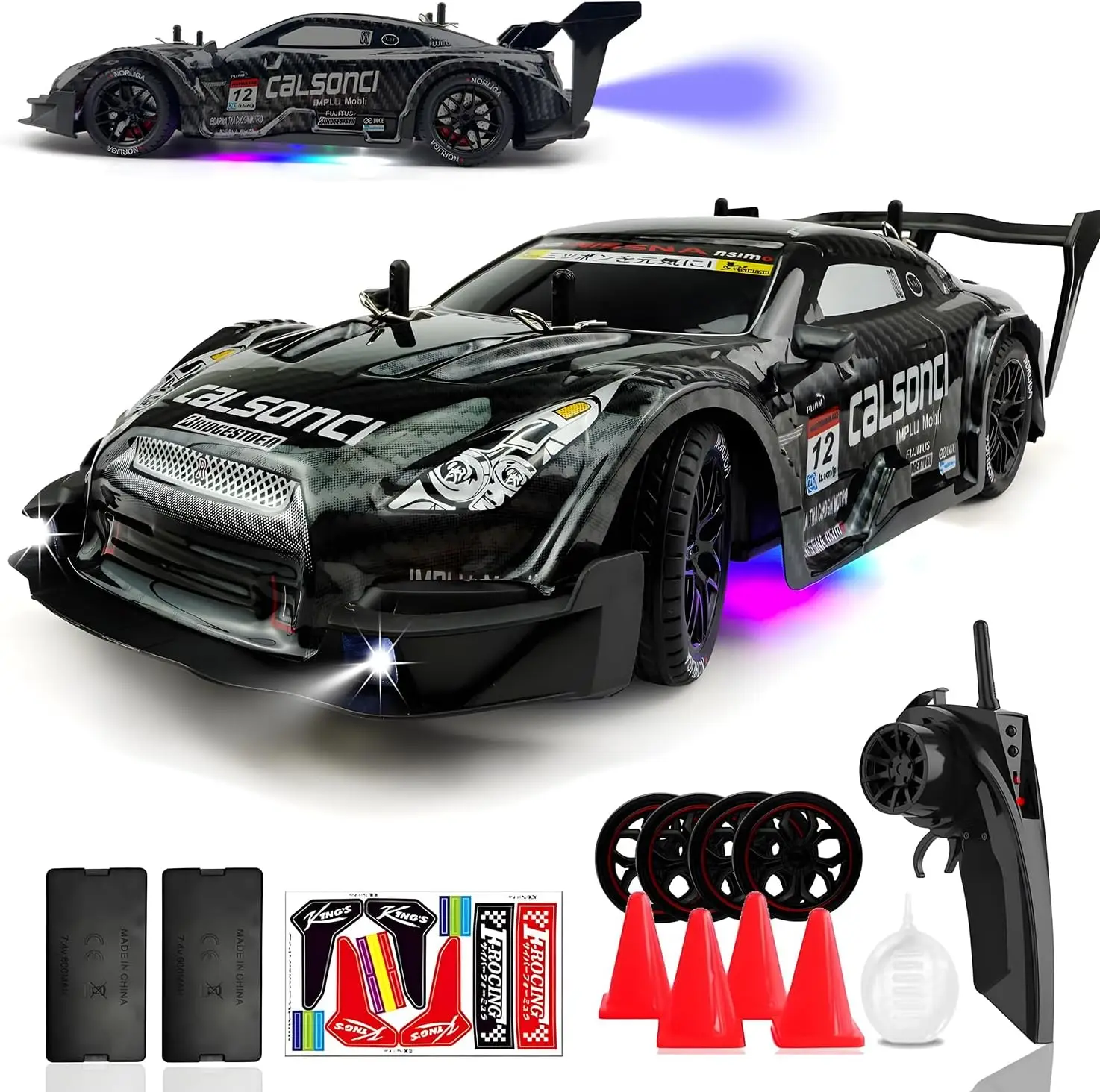 

1:16 RC Drift Car 2.4GHz Spray 4WD LED Lights 30+KM/H High Speed Remote Control Car 2 Batteries 60Min