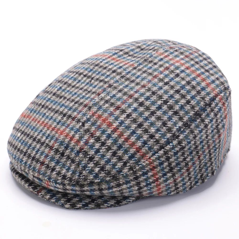 Classic Houndstooth Newsboy Cap for Men Women Autumn Winter Plaid Woollen Flat Cap Vintage Ivy Hat Irish Outdoor Cabbie Beret