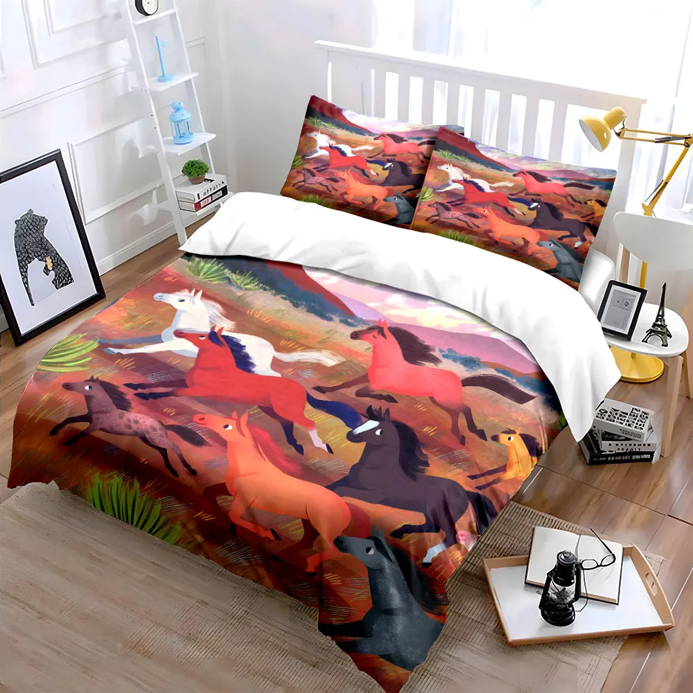 Colorful galloping horses Bedding Set for Kids Luxury Gift 3pcs Digital Print Comforter Set Soft Comfortable Breathable