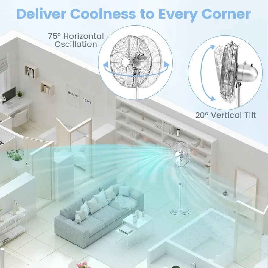 16인치 회전식 선풍기, 3단계 속도 조절, 높이 조절 가능, 75도 회전, 20도 기울기, 견고한 금속 알루미늄 날개 스탠드