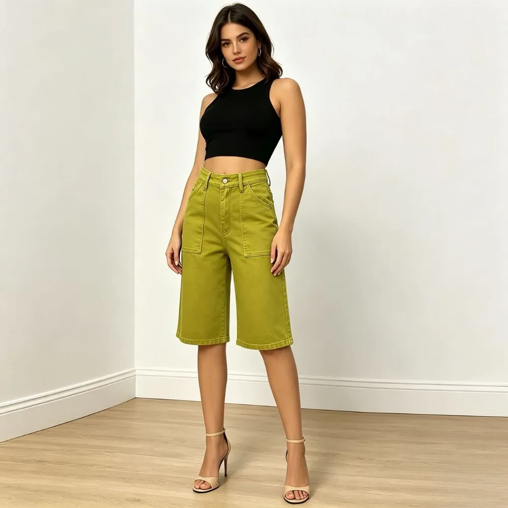 Mustard yellow high-waisted tooling with large pockets and five-point pants, wide-legged casual cool ladies Joker cowboy.