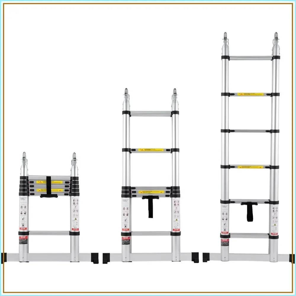 12.5FT Telescopic Ladder, 375LBS Aluminum A-Frame Extension Ladder, Multi-Button Collapsible Ladder with Stabilizer Bar