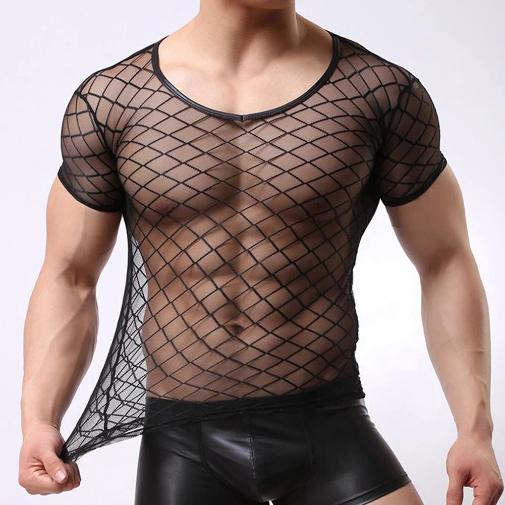Mens Mesh See Through Shirt Undershirt Sheer Net Sleeveless Top Sexy Lingerie T Shirt Summer Transparent Open Knit Inner Wear