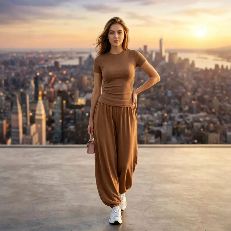 Fashionable Women's Knitted Two Piece Pajamas Set Short Sleeved Top Versatile Foot Trousers Casual Lounge Outerwear Homewear