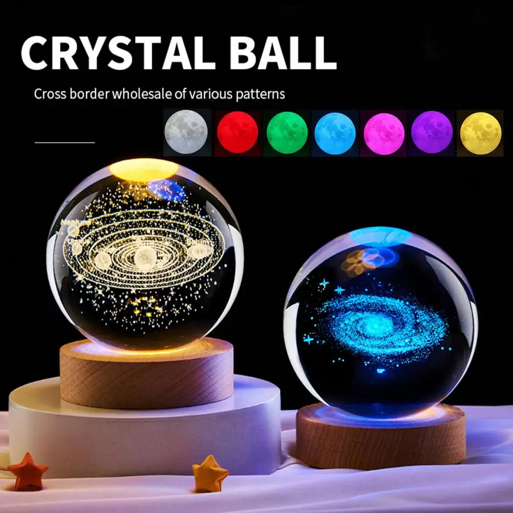 Glass Ball Night Light with Wooden Base 7 Color Changing User-friendly 3D Solar System Crystal Ball Night Light Home Decor