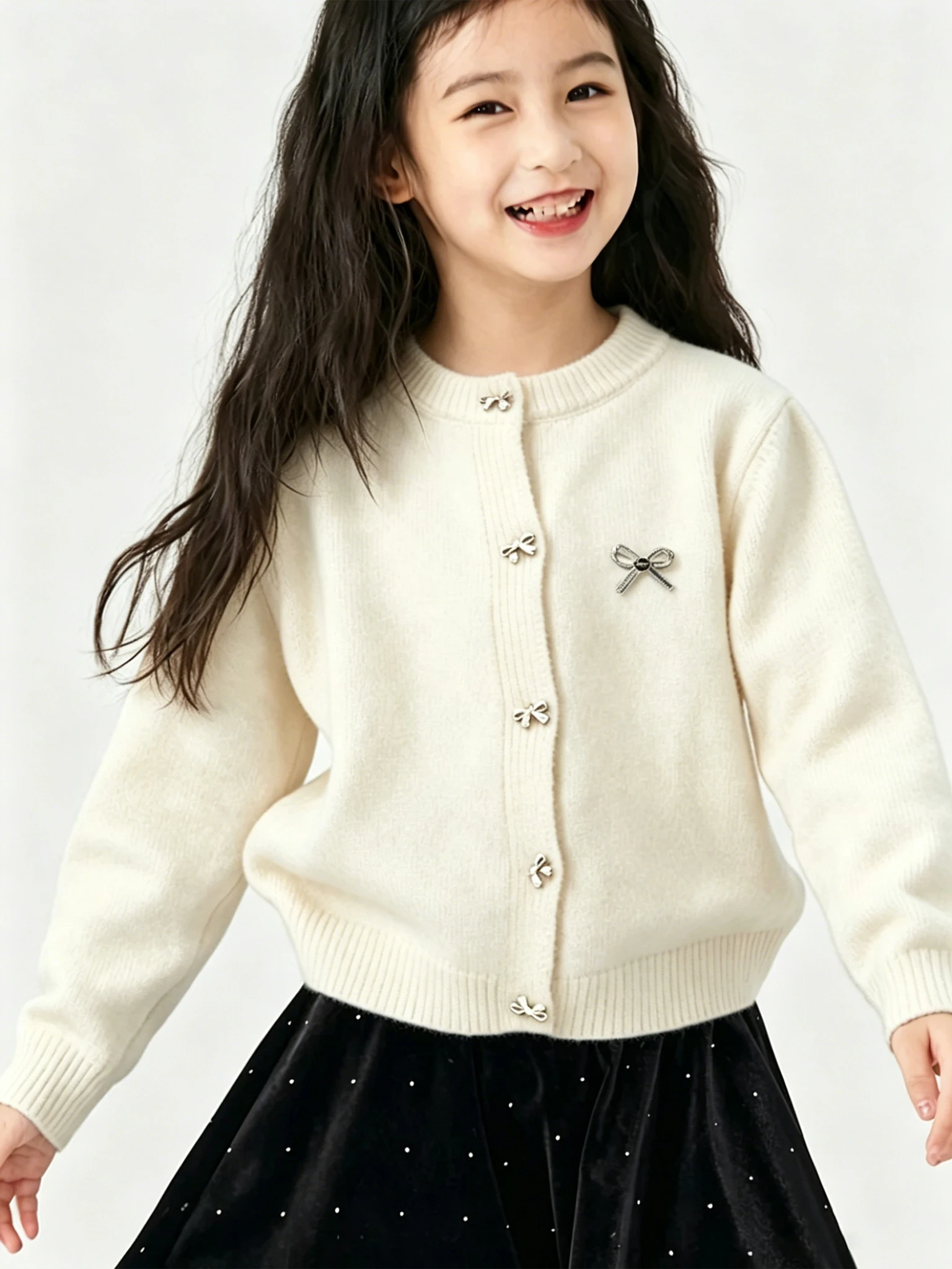 Kids Crew Neck Knit Cardigan Silver Bow Buttons Long Sleeve Soft Loose Sweater Girls Casual Knit Outerwear