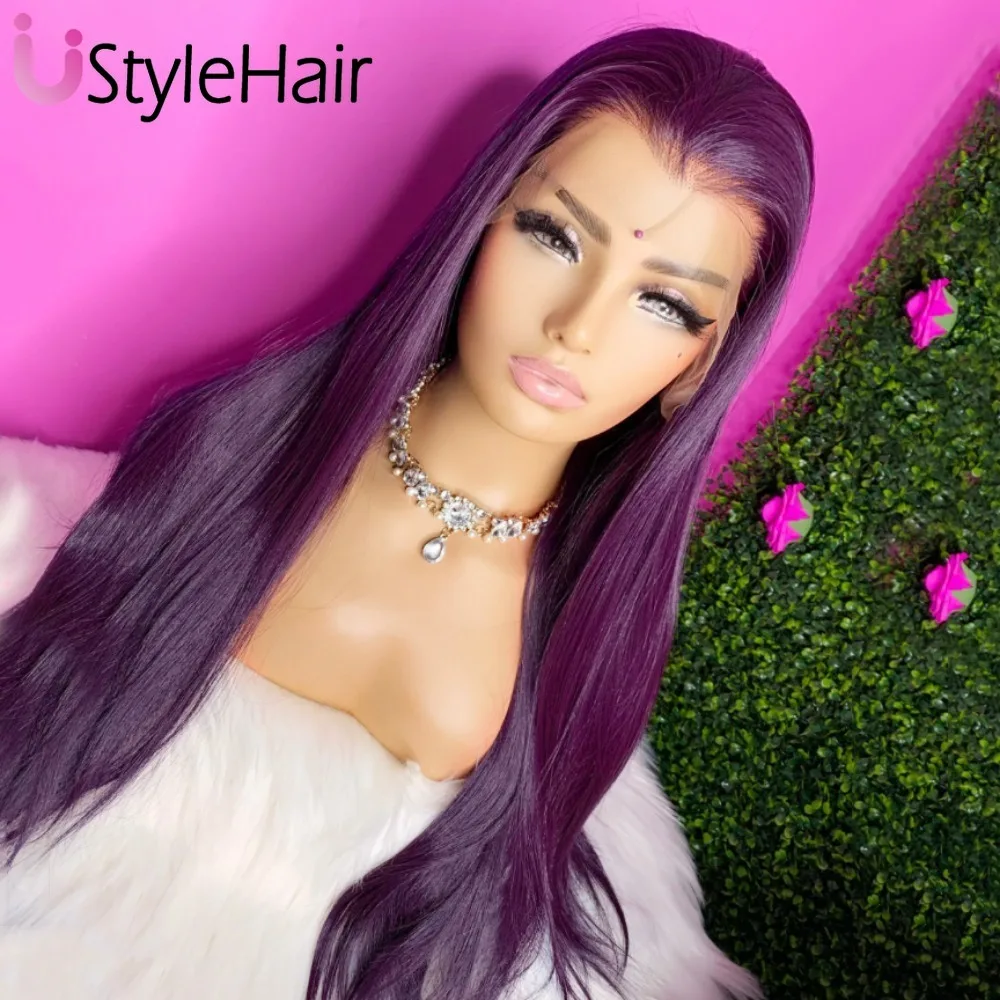 UStyleHair-Peruca Longa e Sedosa com Linha Fina Natural, Rendas Sintéticas, Resistente ao Calor, Peruca Cosplay, Roxo Escuro, Uso Diário