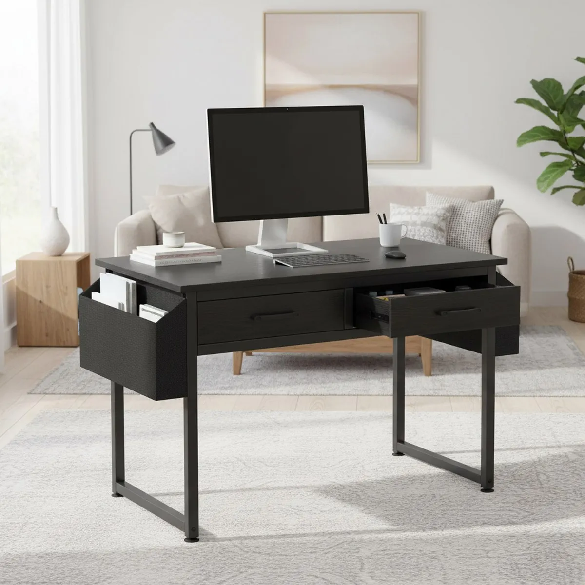 Compact 32 Inch Writing Desk with Fabric Storage Drawers for Small Spaces
