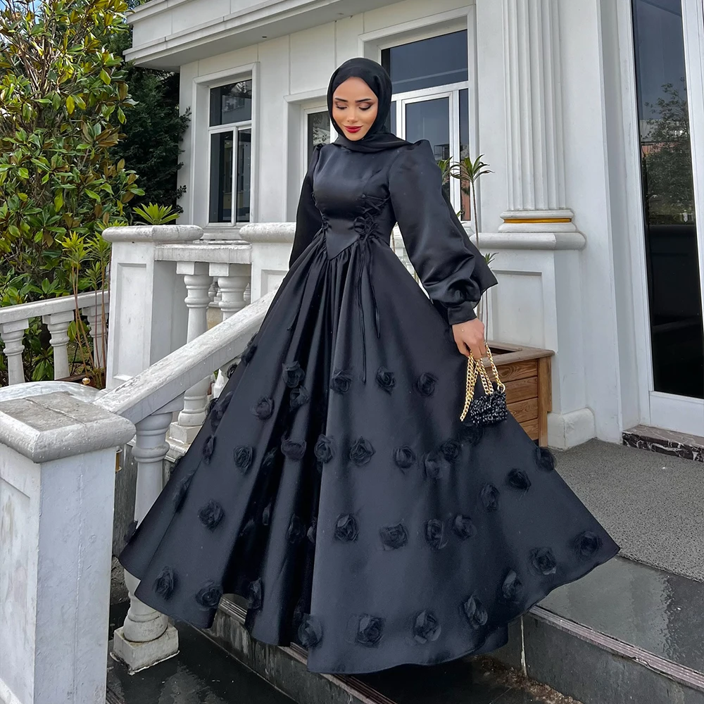 

Hijab Evening Dresses High Neck Long Sleeve Black Prom Dress with Flowers Formal Occasion Party Dress Customized robes de soirée