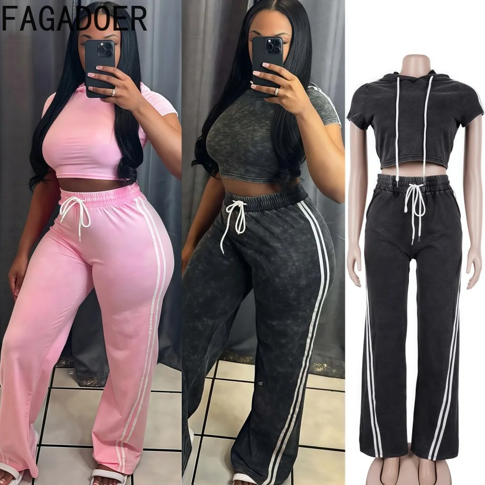 

FAGADOER Autumn New Casual 2 Pieces Set for Woman Stripe Patchwork Hooded Top and Pants Tracksuit Female Streetwear Clothing