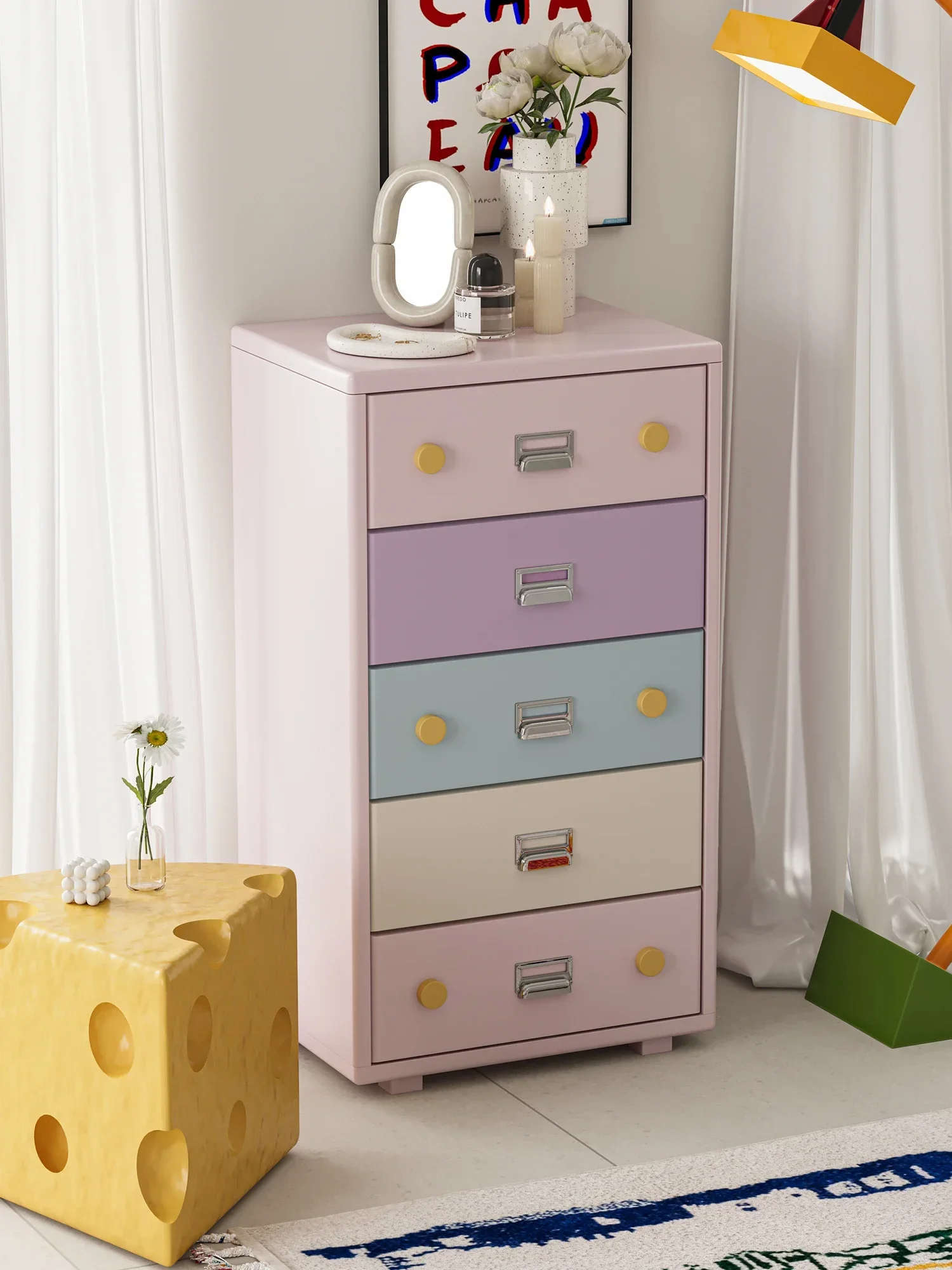 Modern color dopamine chest, solid wood living room bedroom bedside cabinet ins wall multi-layer storage cabinet