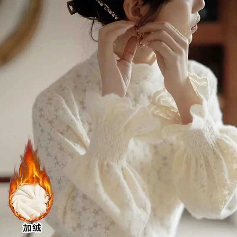 Half High Collar Lace Thick Bottom Women's Autumn Winter New Fashion Solid Color Hook Flower Hollow Lantern Sleeve Pullover Tops