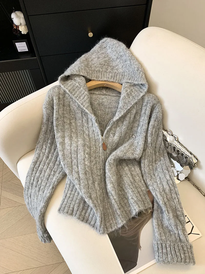 

Ladies' Lazy Hooded Long Sleeve Knitted Sweater Coat Sweet Style High Waist Loose Fit Autumn Winter Small Size Knit Cardigan
