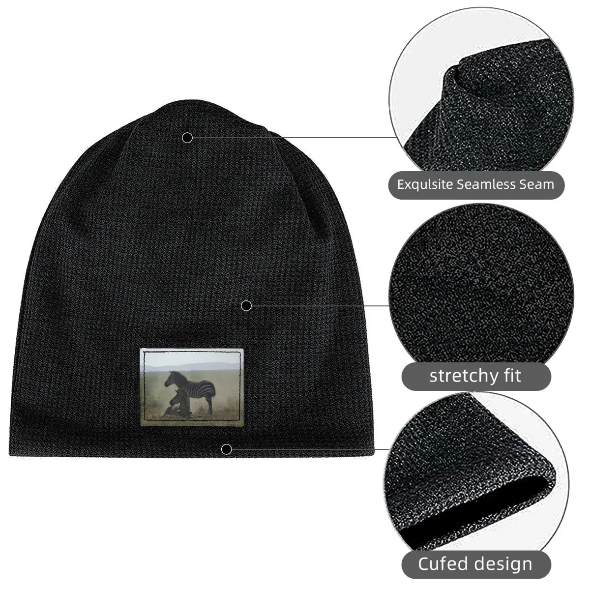 Zebras At Play Waffle Knit Fleece Lined Beanie with PU Leather Patch Unisex Warm Winter Soft Cap