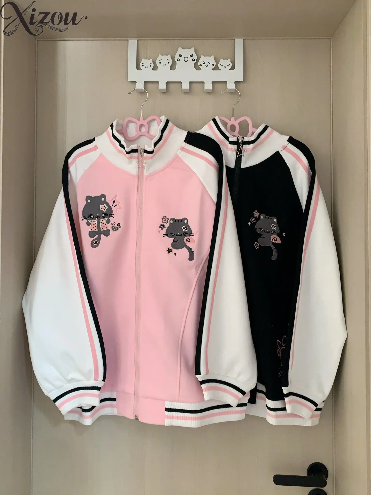 Harajuku Cute Cat Hoodie Embroidery Zip Up Sweatshirt Stand Collar Raglan Sleeve Women Coats Autumn Sport Jacket Winter 2026
