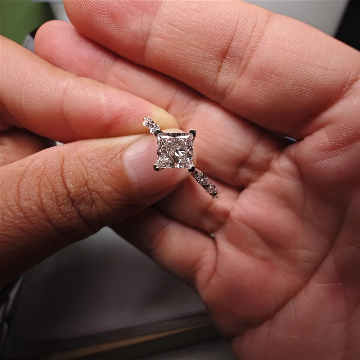 14K White Gold Lab-Grown Diamond 1CT Princess Cut with 6 Marquise Cut Accent Stones Engagement Ring, High-End Jewelry Wedding