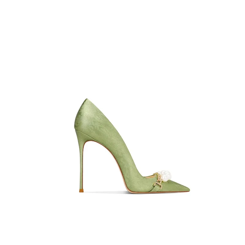 2025 Spring New Grass Green Satin Pearl Pointed Toe Stiletto Heels for Women
