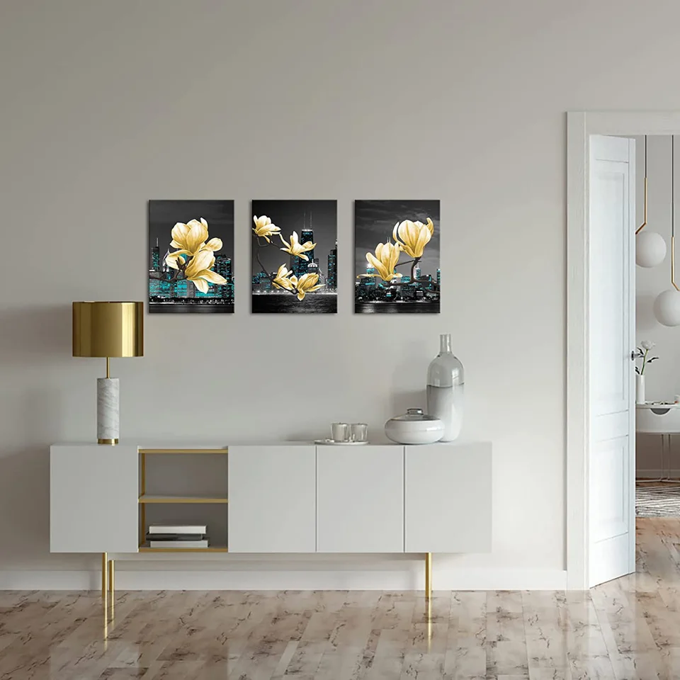 Diamond Painting 3 Pieces set Yellow Flowers Bathroom Decor Picture Chicago Cityscape Floral Embroidery Diamond Mosaic Gift