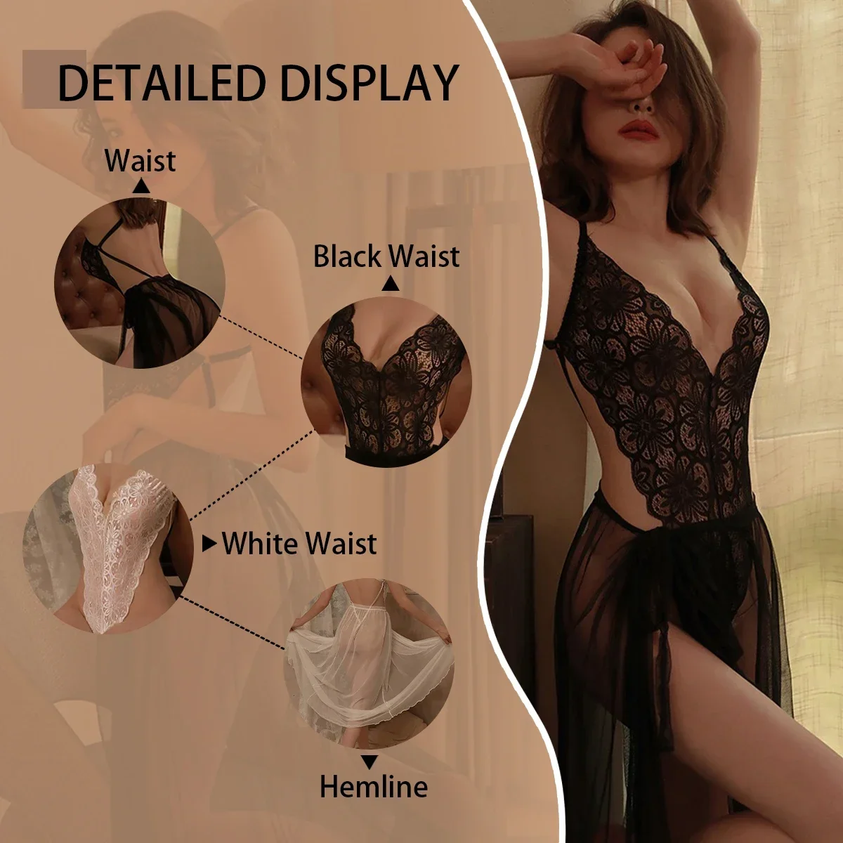 Donne calde sexy pizzo manica lunga pavimento lunghezza abito pigiama babydoll lingerie di pizzo donne vestaglia camicia da notte lingerie pizzo bellissimo
