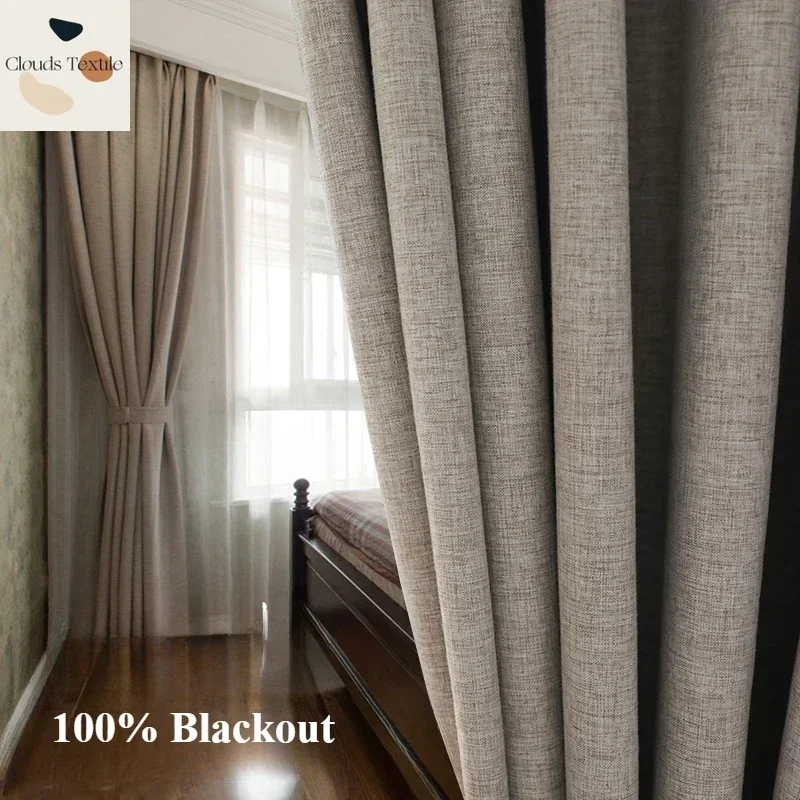 

100% Blackout Linen Curtains for Living Room Bedroom Simple Balcony Study Window Decorative Modern Curtains Customize