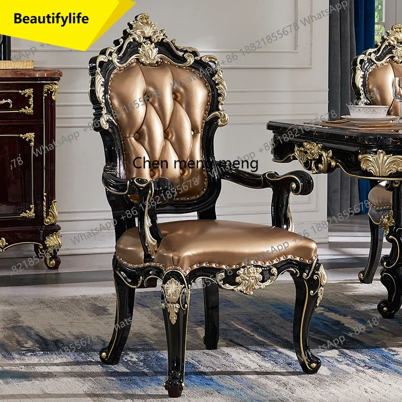

Q181 European dining chair black sandalwood American full solid wood carving flower with armrest desk chair back leisure chair