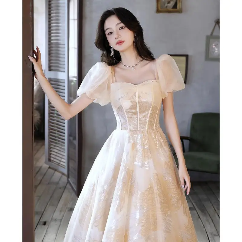 Französisch quadratischen Kragen Abschluss ball Kleid Licht Luxus Champagner Druck formale Bankett Kleid Puff Ärmel Ärmel lange Abschluss Vestido