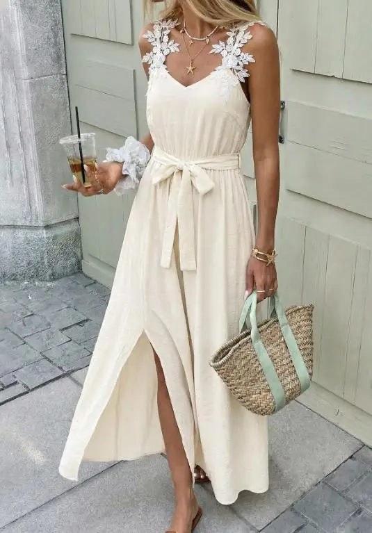 

Women's Casual V-Neck Dresses 2026 New Summer Female Daily Clothing Floral Lace Up Waist Cinched Slit Suspender Dress for Women