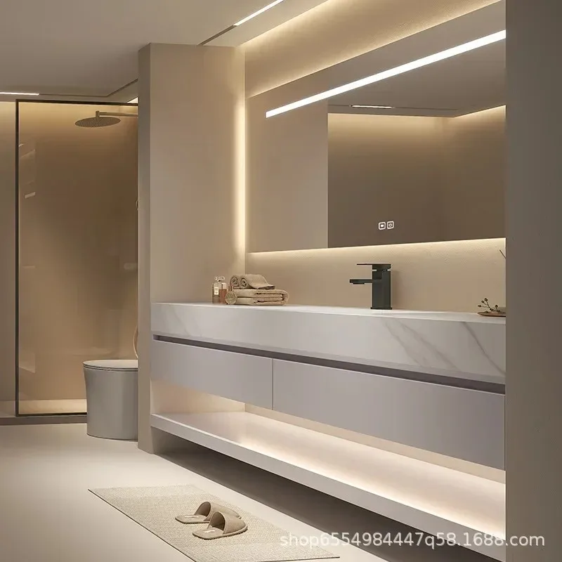 Nowoczesna półka łazienkowa wisząca z umywalką z łupka, zintegrowana, montowana na ścianie, szafka łazienkowa, pojedynczy zestaw mebli łazienkowych z umywalką.