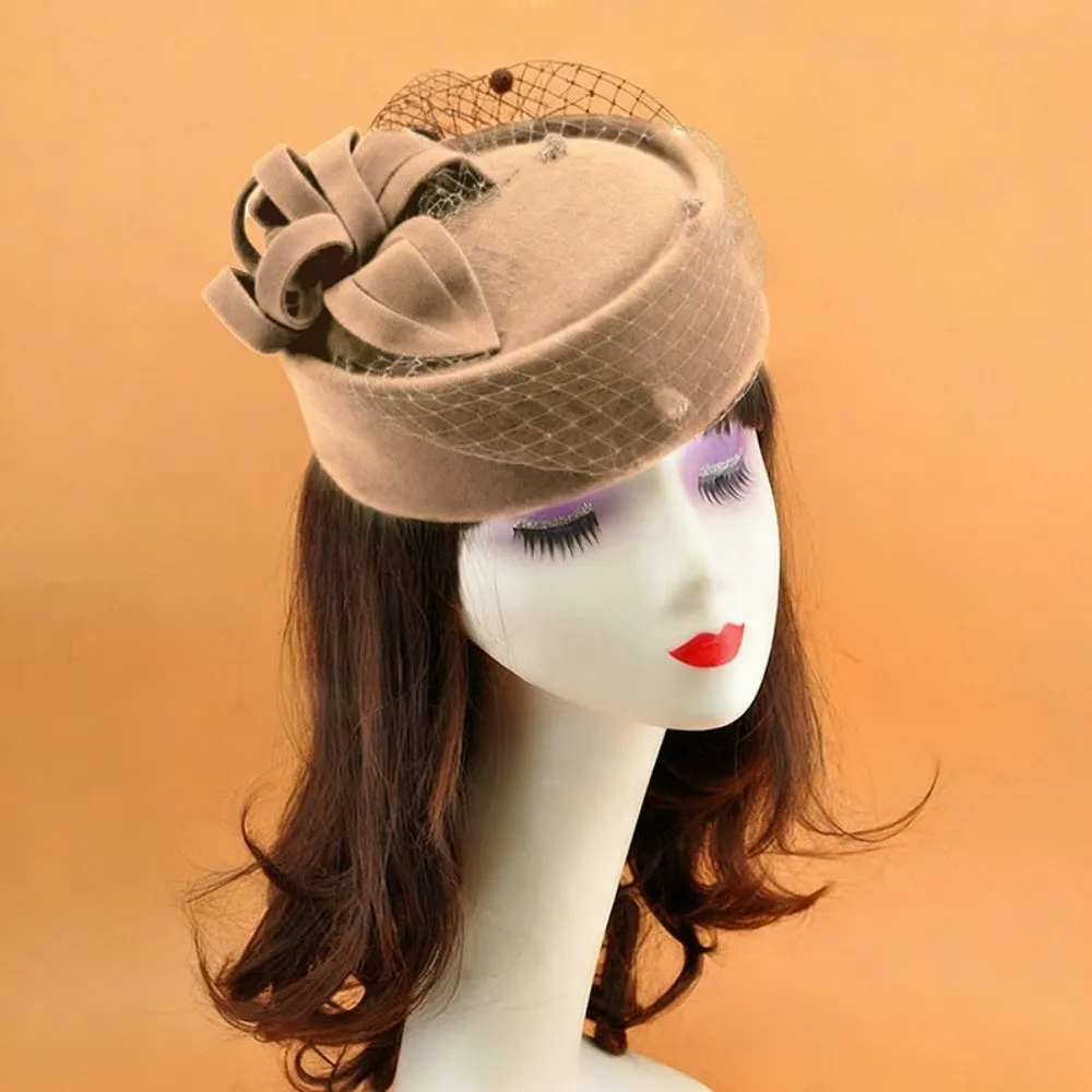 

New Solid Color Top Hat French Vintage Cashmere Wool Pillbox Hat Casual Mesh Headwear Party Dress