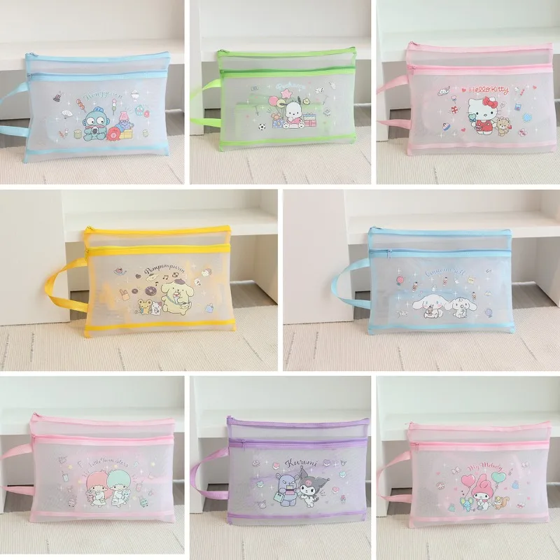 

Kawaii Hello Kitty Stationery Bag Cute Cartoon Mesh Transparent Large Capacity Double Layer Document Desktop Supplies Wholesale