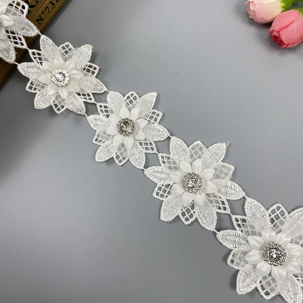 10Pcs White Flowers Lace Trim Embroidered Fabric Diamond Sewing Supplies Craft For Costume Clothes Hat Wedding Dress Decor DIY