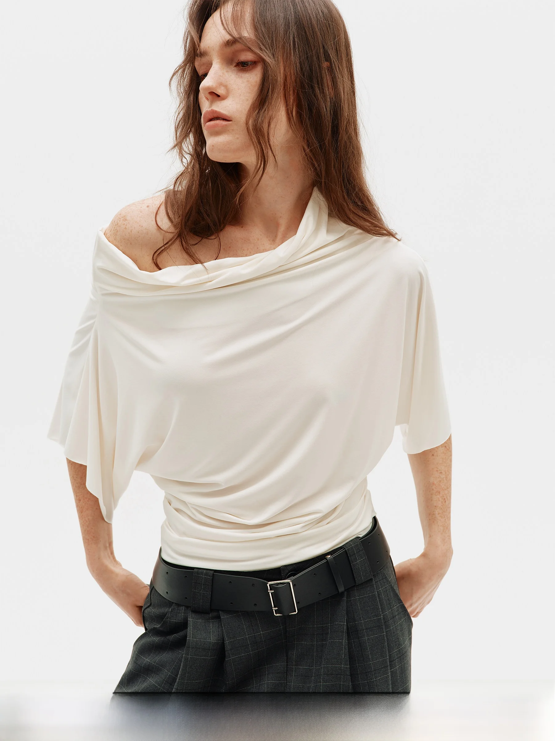 

3rd Modal Half Sleeve T-Shirt Women's Casual Style Pleated Asymmetric Waist-Cinching Polyester Spandex Modal Fiber Top