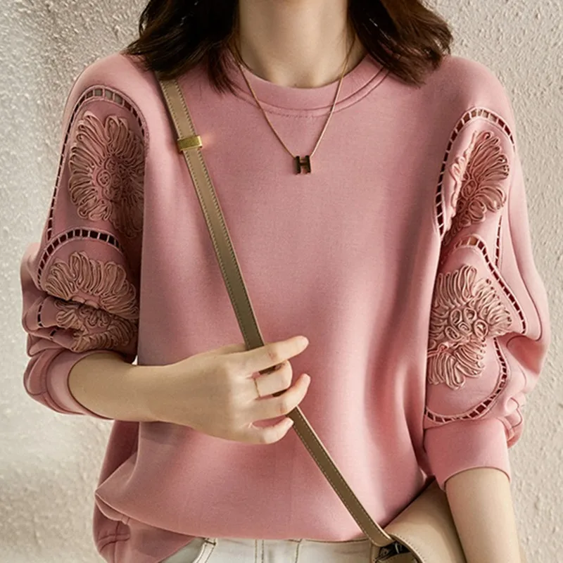 Sweat-shirt brodé haut de gamme pour femmes, travail lourd, coupe ample, Long, rond, Ne, pour les déplacements, printemps-automne