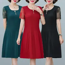 Casual Solid Color Pleated Midi Dress Stylish Lace Patchwork Summer Short Sleeve Female Three-dimensional Decoration Dresses New