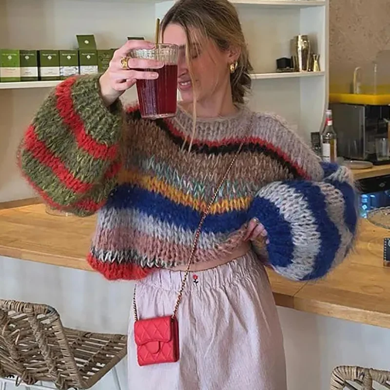 

Women Fashion O-neck Long Sleeved Sweater Tops New Autumn Winter Striped Loose Sweater Casual Streetwear Soft Knitted Pullover