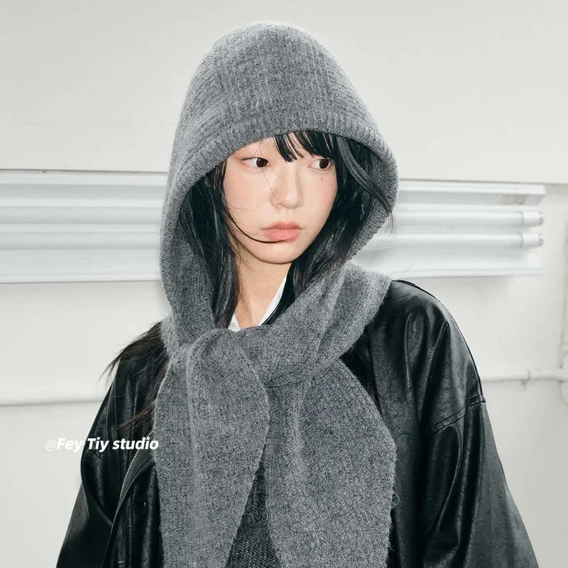 Wool Blend Knitted Beanies Cap For Women Balaclava Winter Warm Unisex Hooded Hat Neck Collar Scarf Cap Ski Beanie Cold Hats