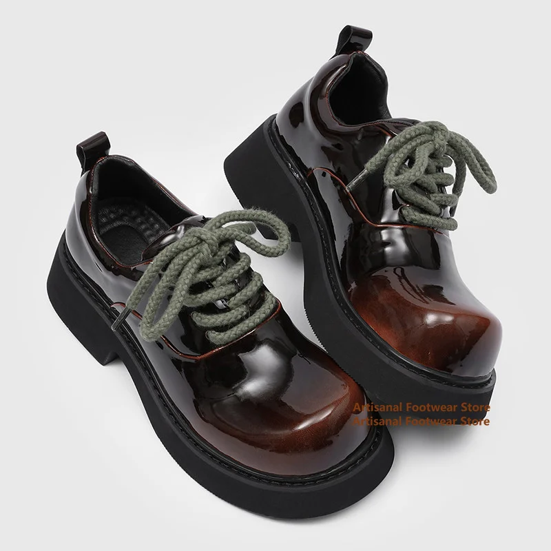 

Мужские туфли дерби на толстой подошве 8 см, из блестящей кожи, увеличивающие рост, модные, ручной работы, класса люкс, с круглым носком