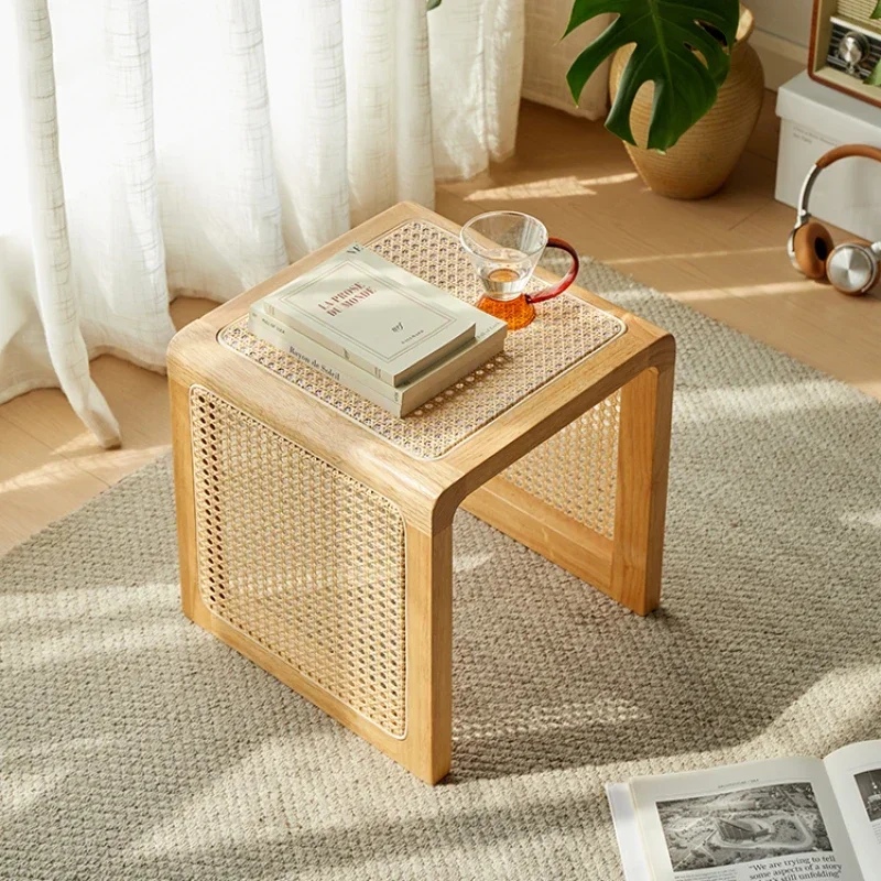 

Vintage Rattan Vanity Stool Durable Solid Wood Low-Rimmed Chair for Shoe Change Wooden Doorstep Seating