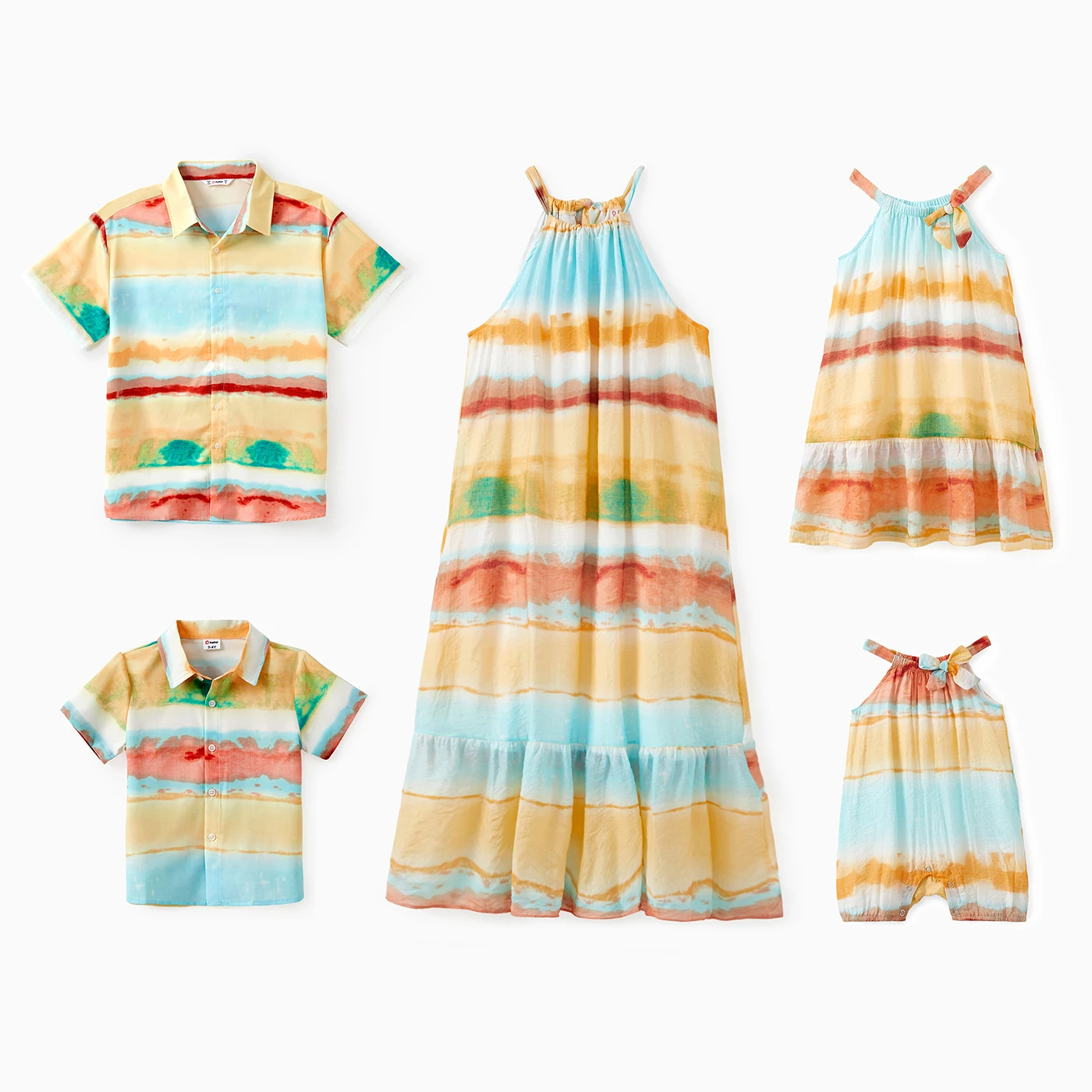 PatPat Family Matching Sets Rainbow Striped Tie-Dye Shirt or Flowy Ruffle Hem Halter Dress